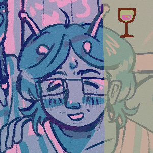 A digital illustration of Shrimp's first HRT birthday. He's sitting behind a cake that says 'It's a boy!' but the word boy is crossed out, and 'thing' is written next to it. On either side of him is Velvet and Steven, they're looking towards each other and smiling. The color palette is blue and pink.